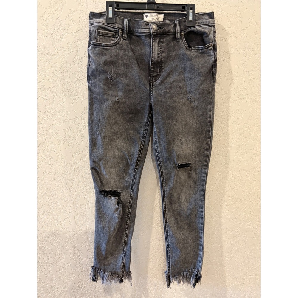 Free People Distressed Skinny Jeans Frayed Hem Faded Black Grey Size 27